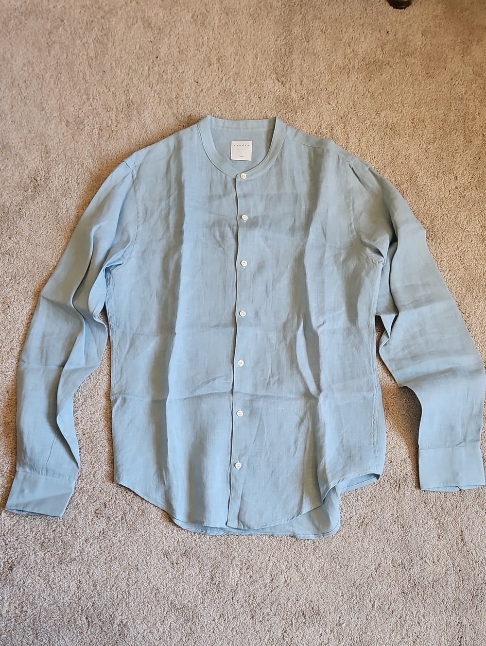 Sandro Light Blue Linen Band-Collar Button-Down Shirt